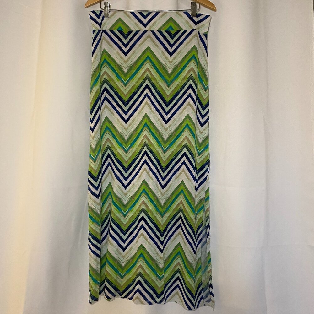 A.N.A. A New Approach Green Blue Chevron Maxi Skirt Womens L Side Slits Boho EUC